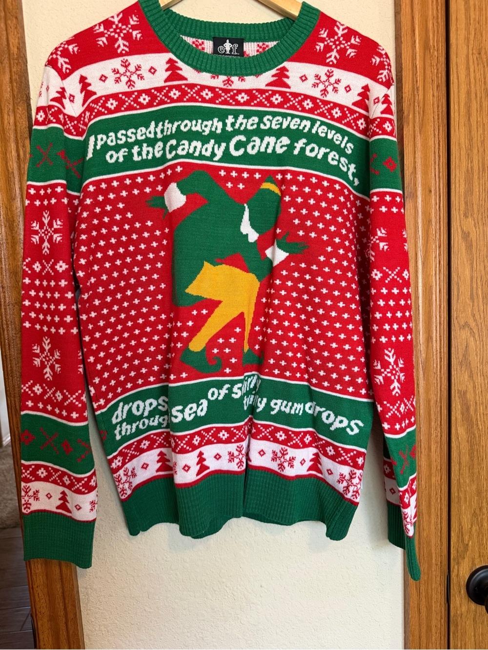 ELF Men's Festive Crewneck Sweater in Red, Green & Yellow